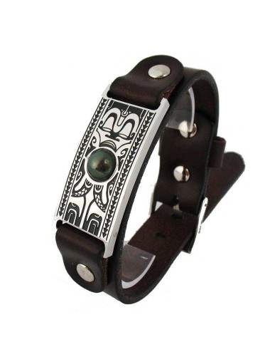 Bracelet pour homme TIKI cuir, acier gravé et perle de Tahiti