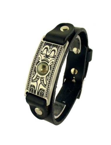 Bracelet pour homme TIKI cuir, acier gravé et perle de Tahiti