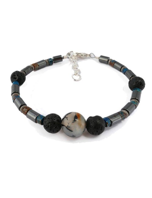 Bracelet de perles pour homme BARRY agathe, hÃ©matite et pierre de lave