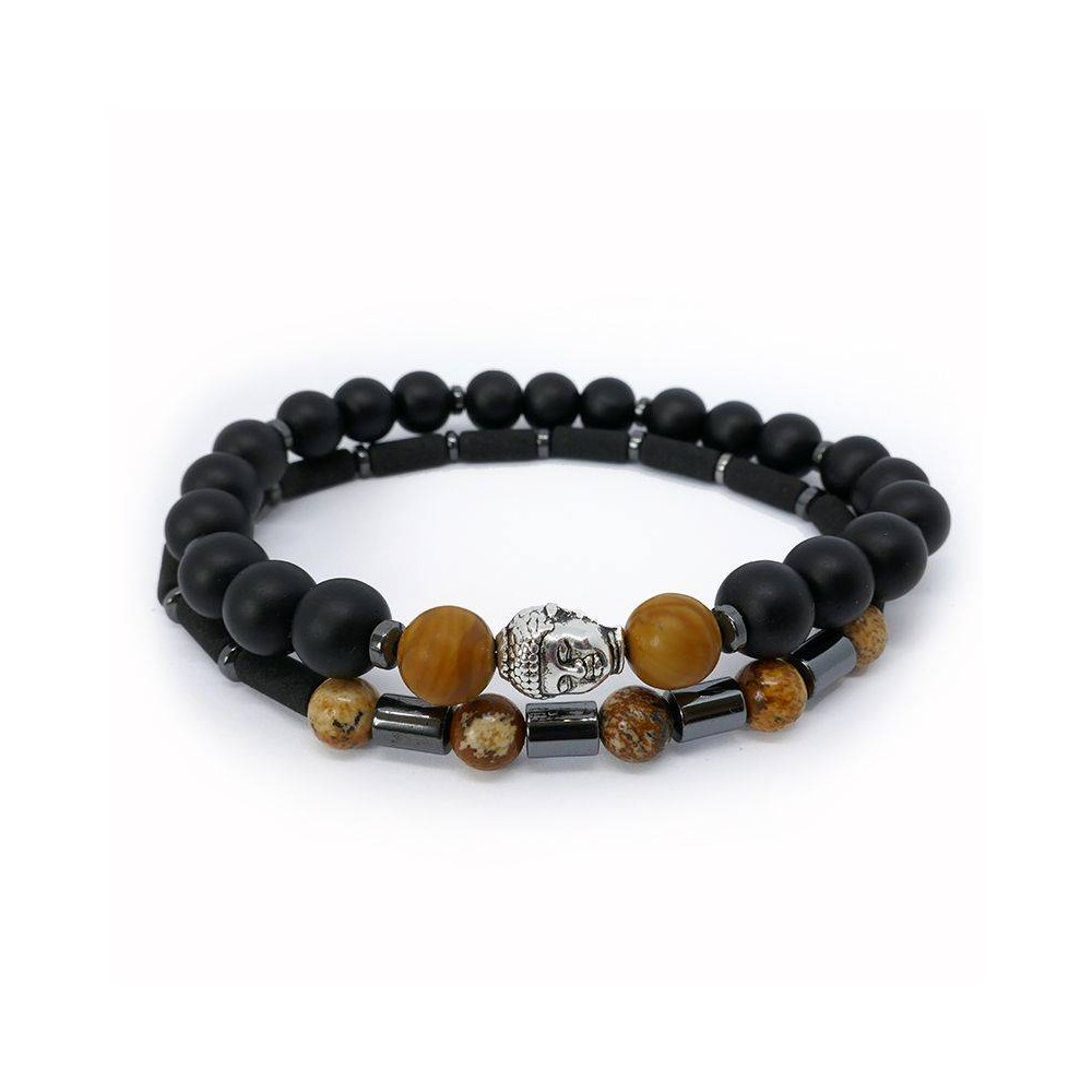 Ensemble de 2 Bracelet de perles noires onyx et jaspematite et pierre de lave.
