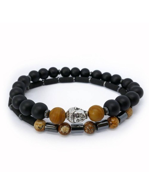 Ensemble de 2 Bracelet de perles noires onyx et jaspematite et pierre de lave.
