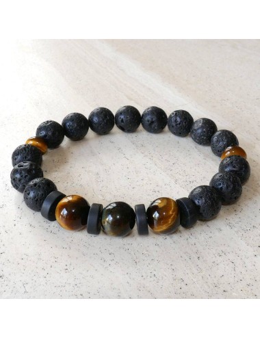 Bracelet de perles noires BOOBA lave, œil de tigre et pierre du brésil