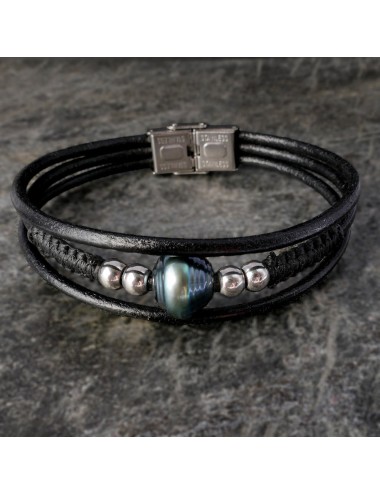 Bracelet pour homme avec une perle de Tahit : Tenarunga bleu nuit