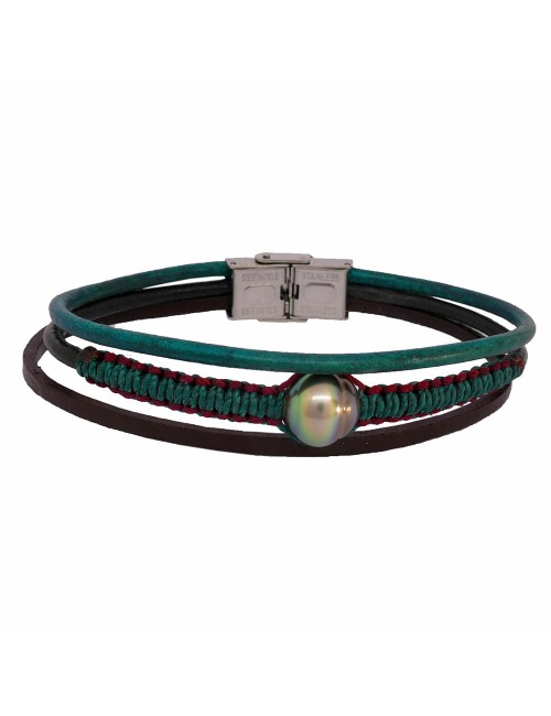 EYELAN Bracelet  pour homme perle de Tahiti verte irisée. Cuir vert émeraude
