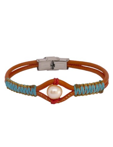 Arizona Bracelet pour femme en cuir orange et perle de culture