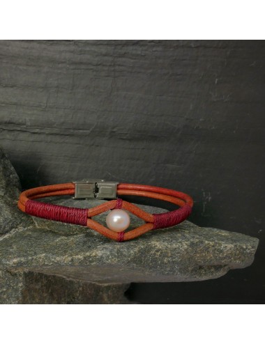 Sedona Bracelet en cuir brique et perle de culture saumon