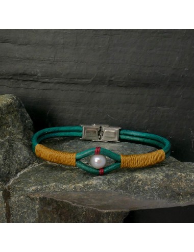 Bracelet en cuir vert émeraude et perle de culture grise