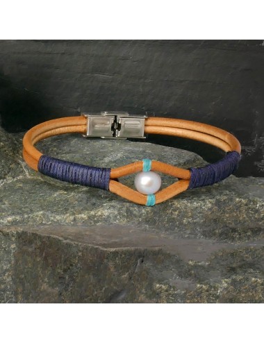Bracelet Tuscson en cuir naturel et perle grise
