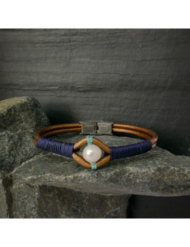 Mohave Bracelet en cuir bronze et perle de culture grise Tressage marine