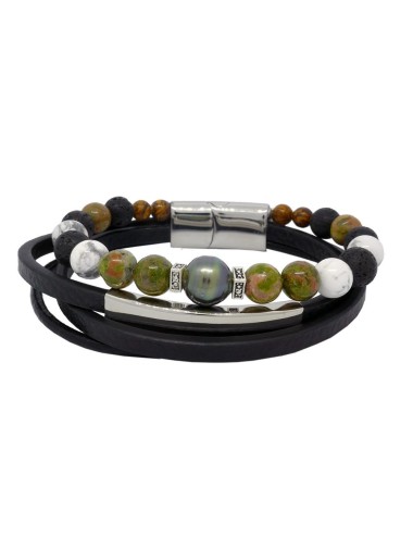 Inspiration unakite Bracelet homme en cuir, perle de Tahiti et pierres