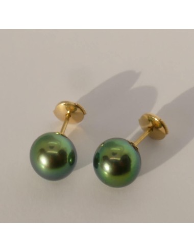Boucles d'oreilles perles de Tahiti vert émeraude. Fermoirs de sécurité ALPA.OR 750