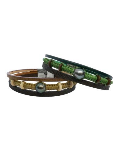 Bracelet homme cuir et perle de Tahiti en harmonie verte