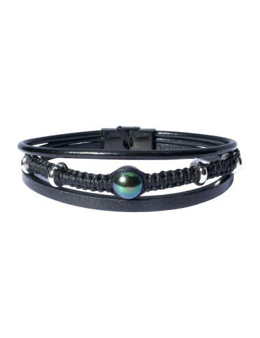 Bracelet homme luxe avec une perle de Tahiti double face: ici le coté vert vif
