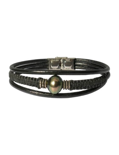 bracelet cuir et perle de Tahiti forme soucoupe couleur vert intense