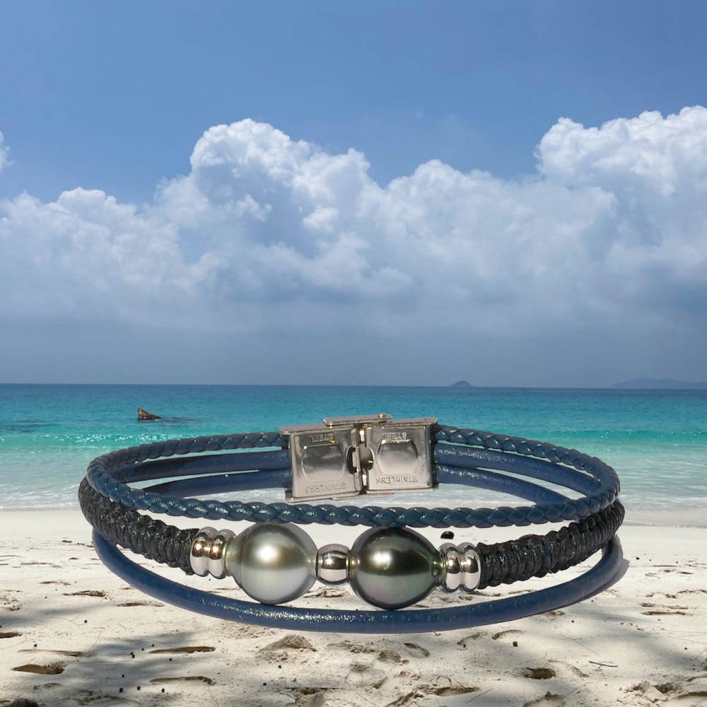 Bracelet pour homme avec 2 perles de Tahiti sur cuir et tressage marine