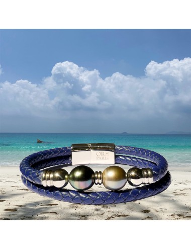 Bracelet homme avec 2 perles de Tahiti sur cuir bleu marine