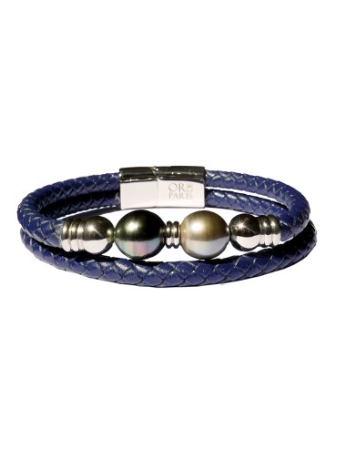 Bracelet homme avec 2 perles de Tahiti sur cuir bleu marine