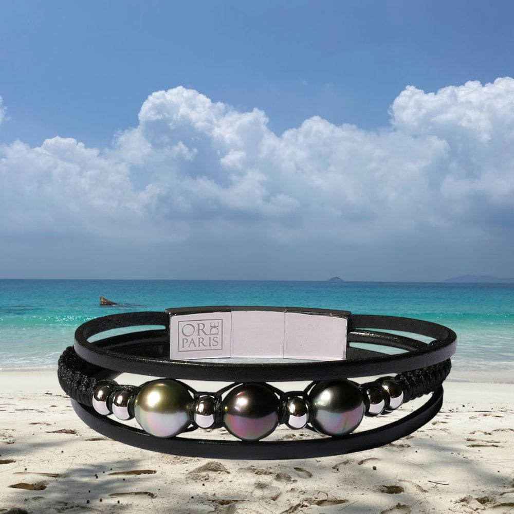 Bracelet cuir pour homme avec 3 perles de Tahiti